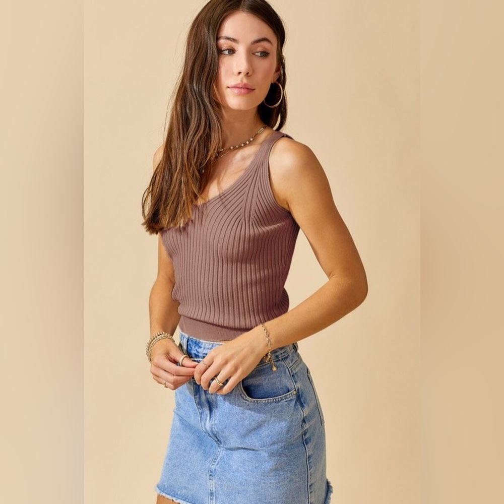 Brown Ribbed V Neck Tank Top Light Weight More Colors